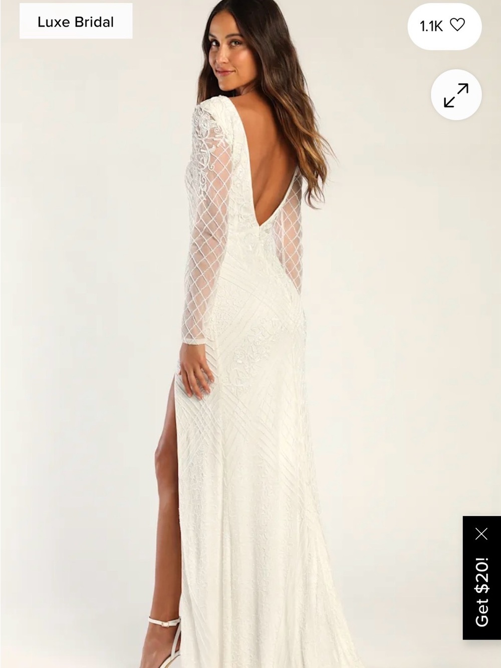 NWT Lulu's Ivory Long-Sleeve V-Back Beaded Bridal Gown w Slit XL